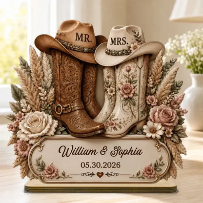 Custom Cowboy Boots Wooden Plaque - Personalized Wedding Gifts For Couples - Mr & Mrs Forever