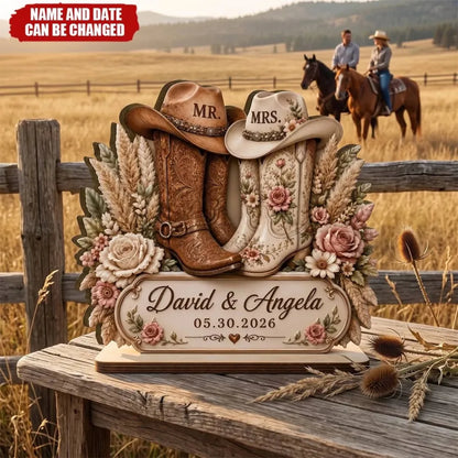 Custom Cowboy Boots Wooden Plaque - Personalized Wedding Gifts For Couples - Mr & Mrs Forever