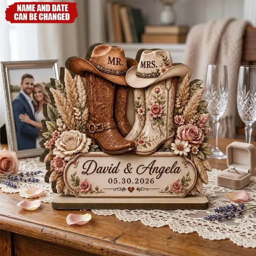 Custom Cowboy Boots Wooden Plaque - Personalized Wedding Gifts For Couples - Mr & Mrs Forever