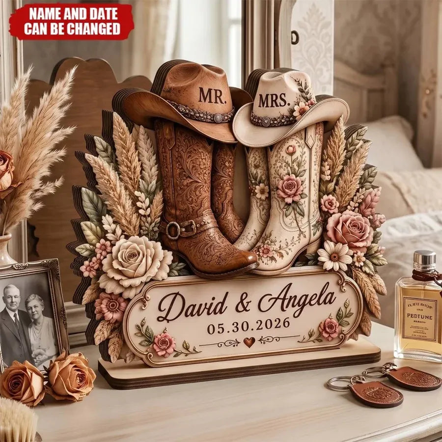 Custom Cowboy Boots Wooden Plaque - Personalized Wedding Gifts For Couples - Mr & Mrs Forever