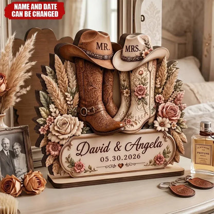 Custom Cowboy Boots Wooden Plaque - Personalized Wedding Gifts For Couples - Mr & Mrs Forever